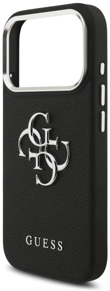 Guess PU Grained 4G Metal Logo dėklas skirtas iPhone 17 Pro juodos spalvos