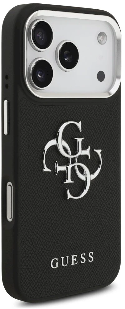 Guess PU Grained 4G Metal Logo dėklas skirtas iPhone 17 Pro juodos spalvos