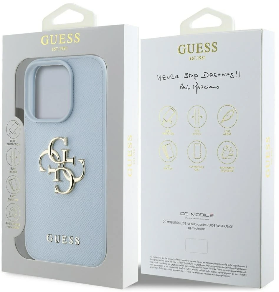 Guess Grained Big 4G Logo Small Classic Logo Apple iPhone 16 Pro dėklas telefonui mėlynos spalvos