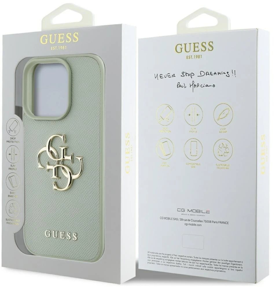 Dėklas Guess Grained Big 4G Logo Small Classic Logo Apple iPhone 16 Pro žalias