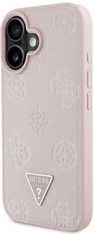Dėklas Guess Grained Hot Stamp Peony Triangle Logo MagSafe Apple iPhone 16 rožinės spalvos