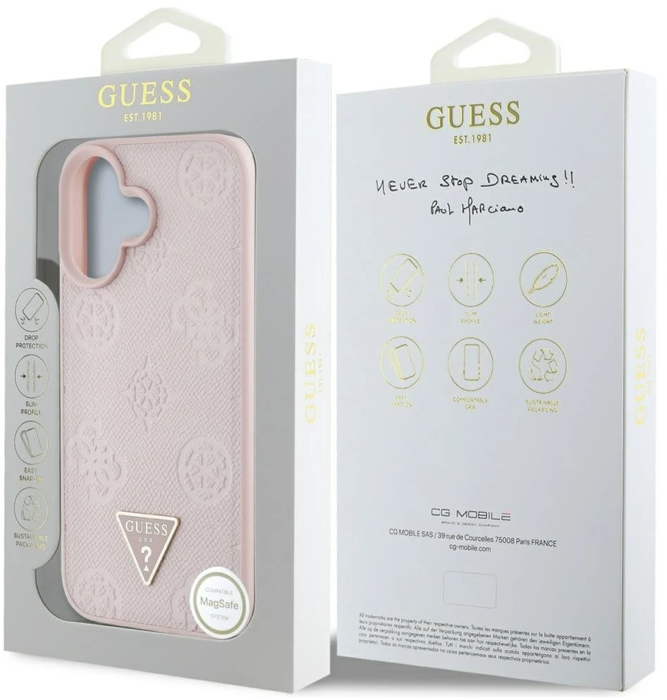 Dėklas Guess Grained Hot Stamp Peony Triangle Logo MagSafe Apple iPhone 16 rožinės spalvos