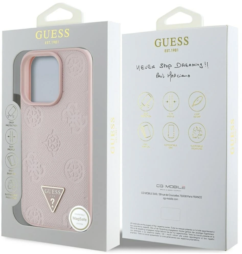 Dėklas Guess Grained Hot Stamp Peony Triangle Logo MagSafe Apple iPhone 16 Pro rožinės spalvos