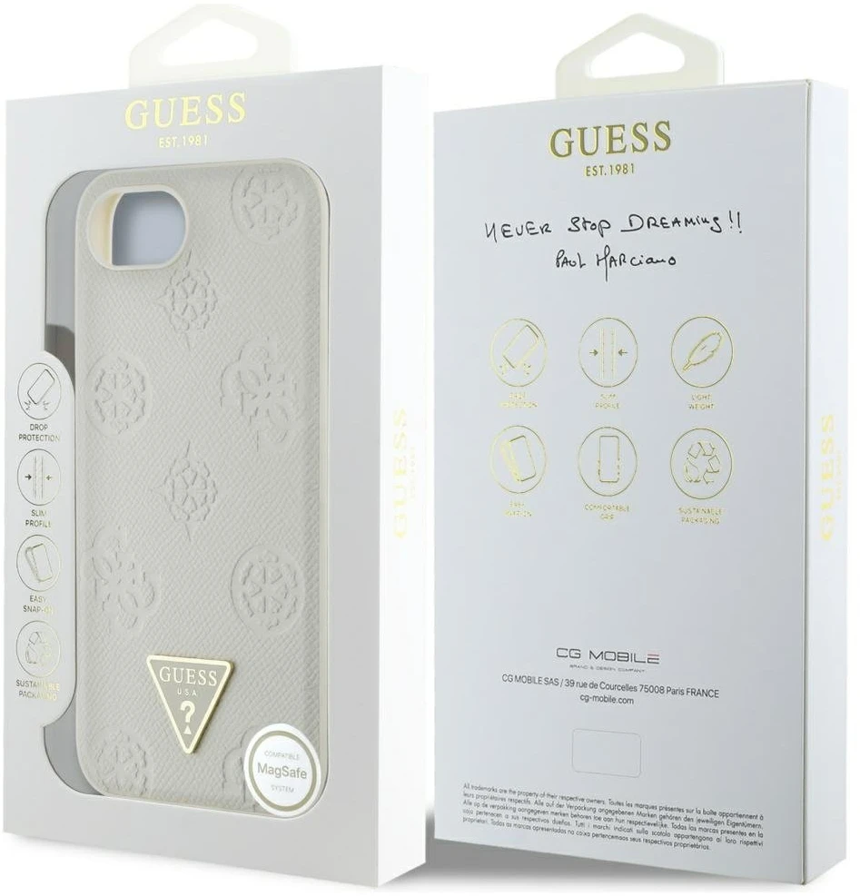 „Guess“ „Grained Hot Stamp Peony Triangle Logo MagSafe“ dėklas, skirtas „iPhone 16e“ – smėlio spalvos