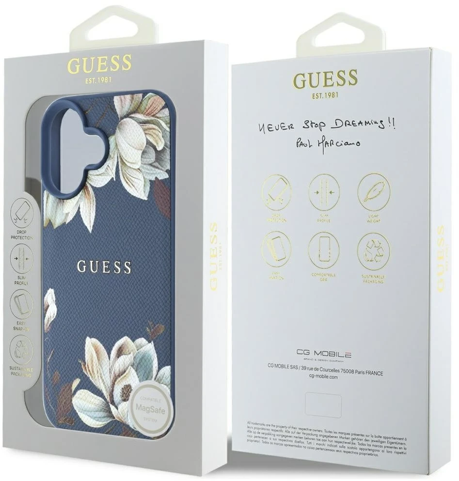 Dėklas Guess Grained Printed Flower Pattern MagSafe Apple iPhone 16 mėlynas