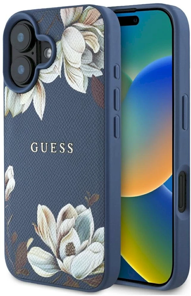 Dėklas Guess Grained Printed Flower Pattern MagSafe Apple iPhone 16 mėlynas