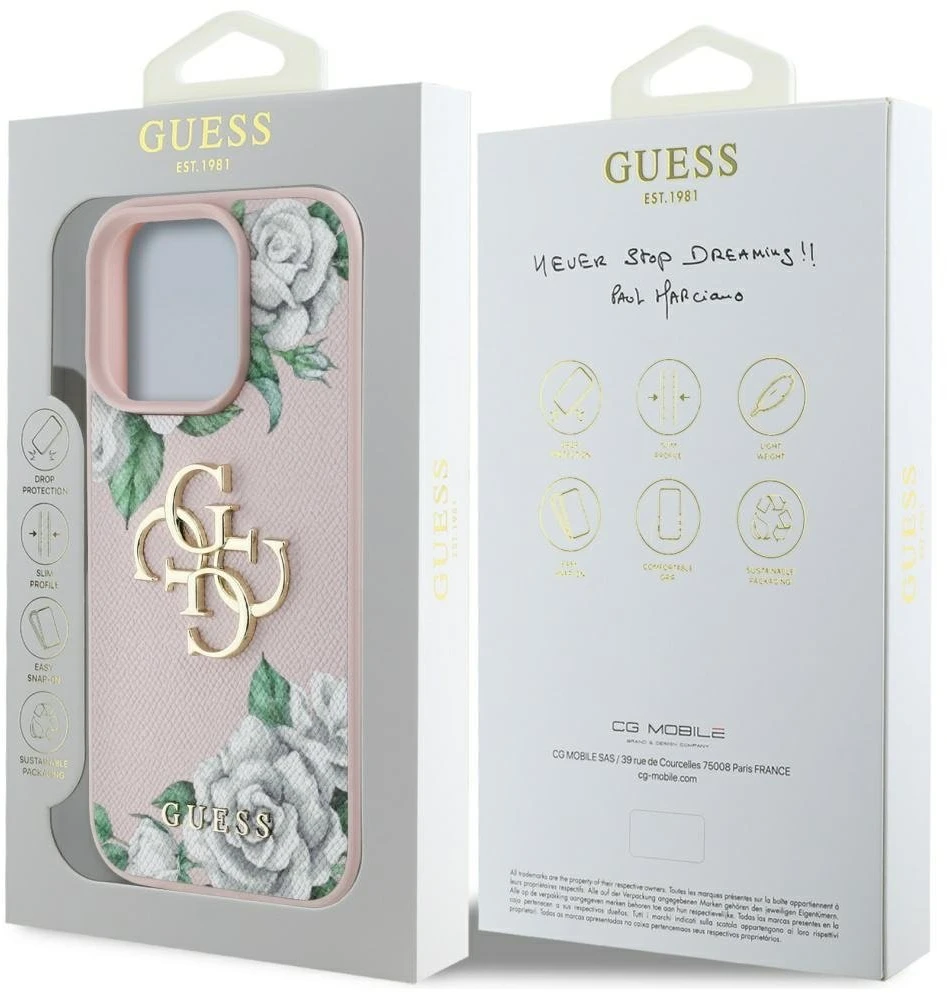 Dėklas Guess Grained Roses Big 4G logo Apple iPhone 16 Pro Max rožinės spalvos