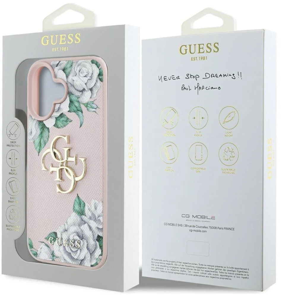 Dėklas Guess Grained Roses Big 4G logo Apple iPhone 16 rožinės spalvos