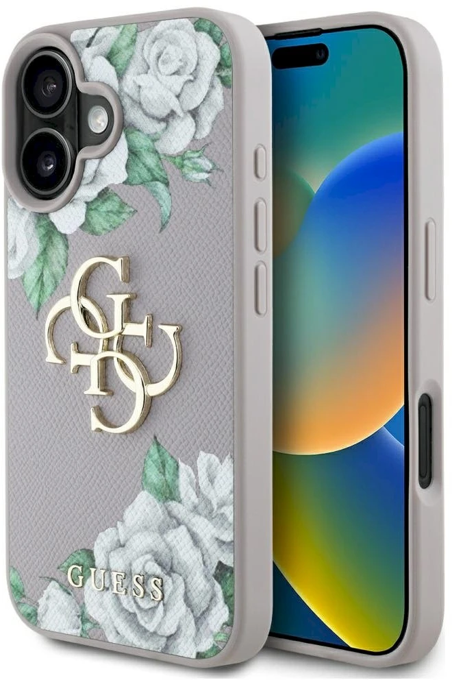 Dėklas Guess Grained Roses Big 4G logo Apple iPhone 16 violetinės spalvos