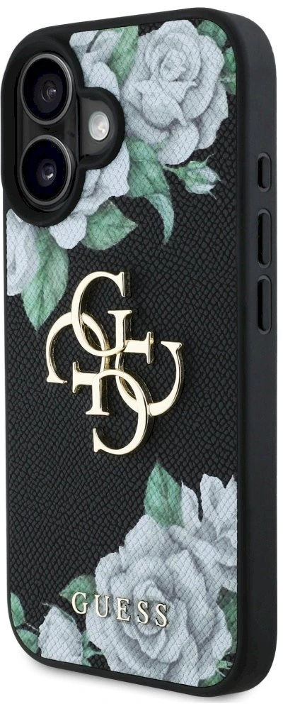 Dėklas Guess Grained Roses Big 4G logo Apple iPhone 16 juodos spalvos