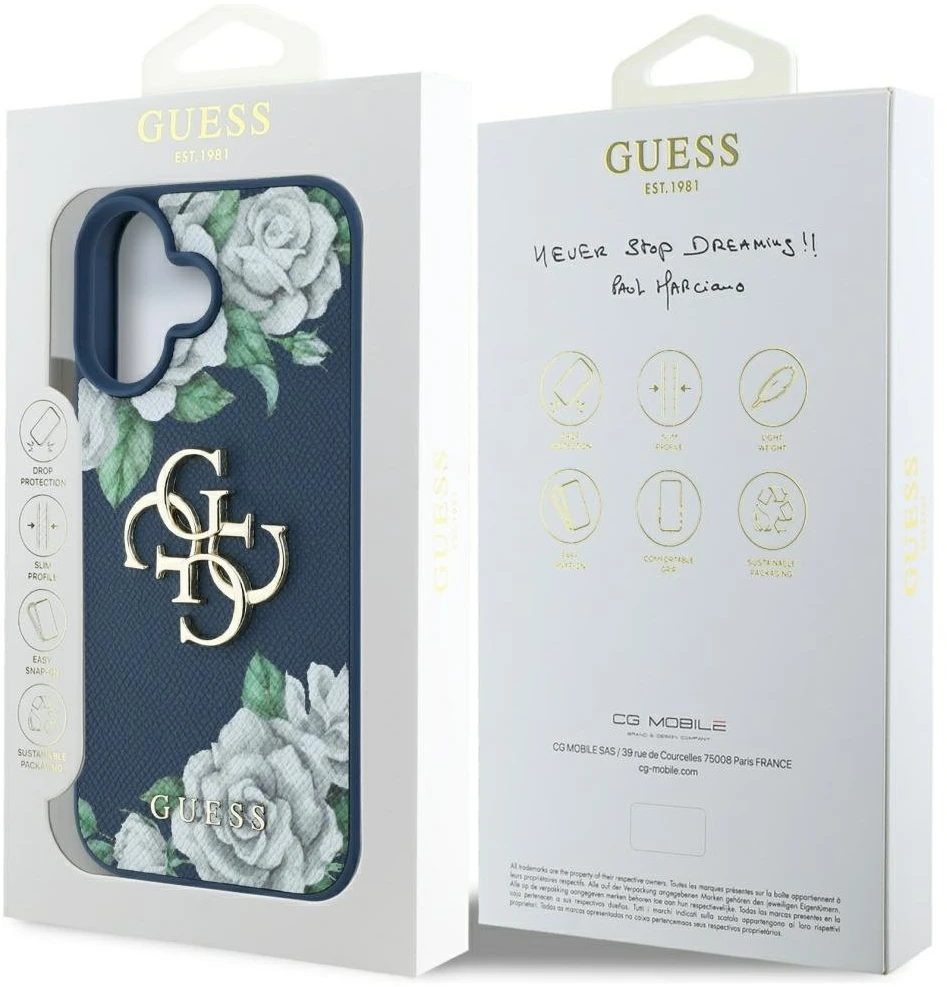 Dėklas Guess Grained Roses Big 4G logo Apple iPhone 16 mėlynas