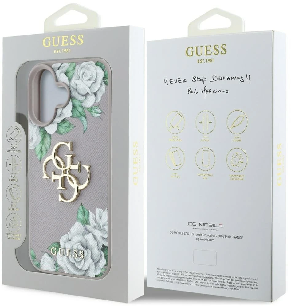 Dėklas Guess Grained Roses Big 4G logo Apple iPhone 16 violetinės spalvos