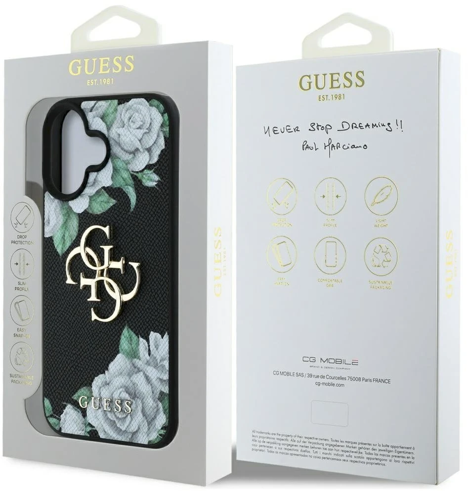 Dėklas Guess Grained Roses Big 4G logo Apple iPhone 16 juodos spalvos