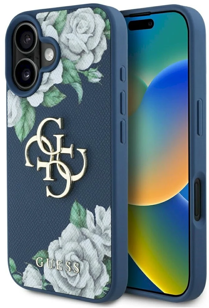 Dėklas Guess Grained Roses Big 4G logo Apple iPhone 16 mėlynas