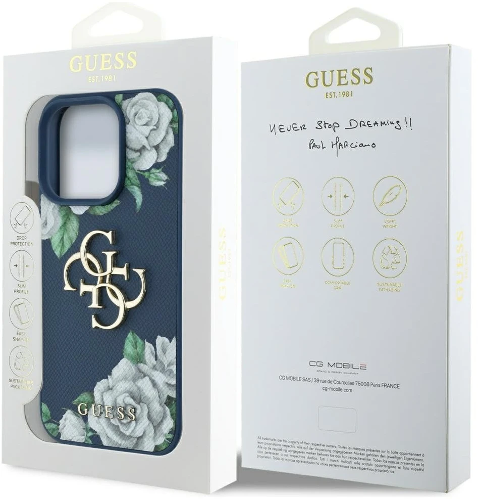 Dėklas Guess Grained Roses Big 4G logo Apple iPhone 16 Pro mėlynas