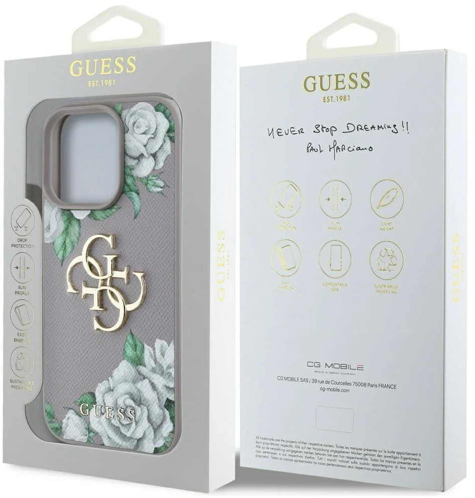 Dėklas Guess Grained Roses Big 4G logo Apple iPhone 16 Pro violetinės spalvos