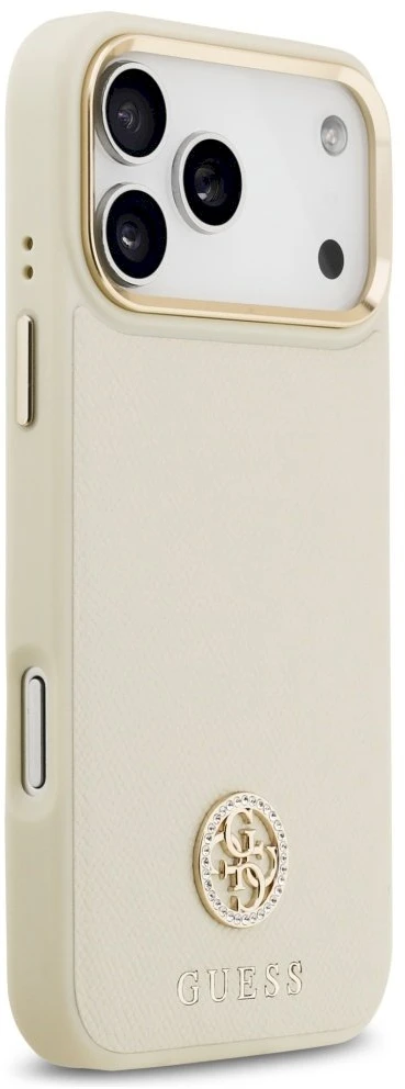 Dėklas Guess Grained Strass Logo MagSafe Apple iPhone 17 Pro Max smėlio spalvos