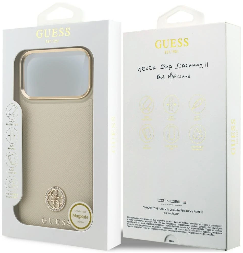 Dėklas Guess Grained Strass Logo MagSafe Apple iPhone 17 Pro Max smėlio spalvos