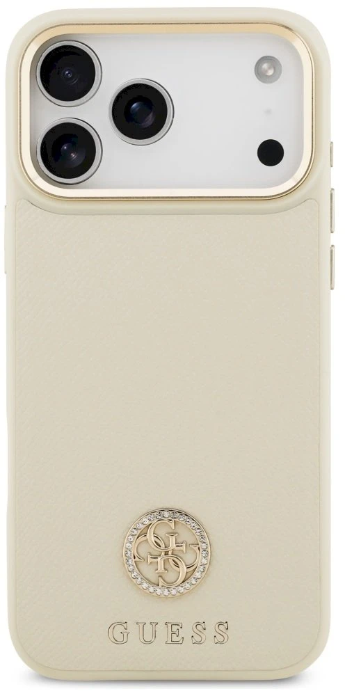 Dėklas Guess Grained Strass Logo MagSafe Apple iPhone 17 Pro Max smėlio spalvos