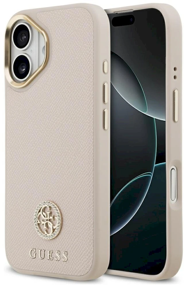 GUESS dėklas, skirtas IPHONE 17, suderinamas su „MagSafe“ GUHMP17SPGCRMDEP (PU su grūdėtu juodu logotipu), rožinis