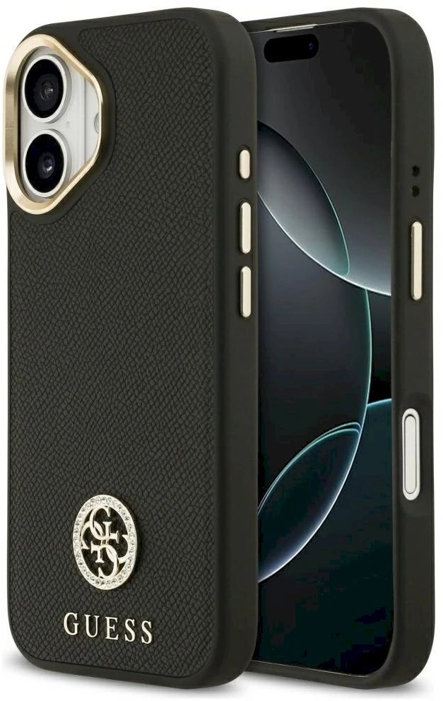 Dėklas Guess Grained Strass Logo MagSafe Apple iPhone 17 juodos spalvos