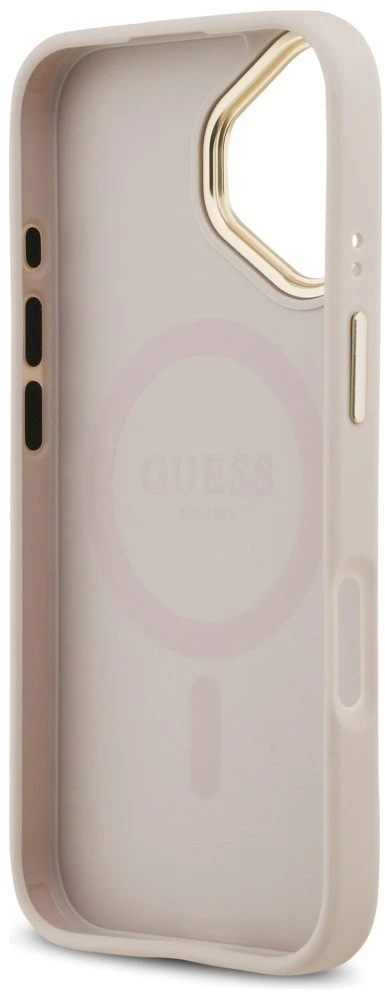 GUESS dėklas, skirtas IPHONE 17, suderinamas su „MagSafe“ GUHMP17SPGCRMDEP (PU su grūdėtu juodu logotipu), rožinis