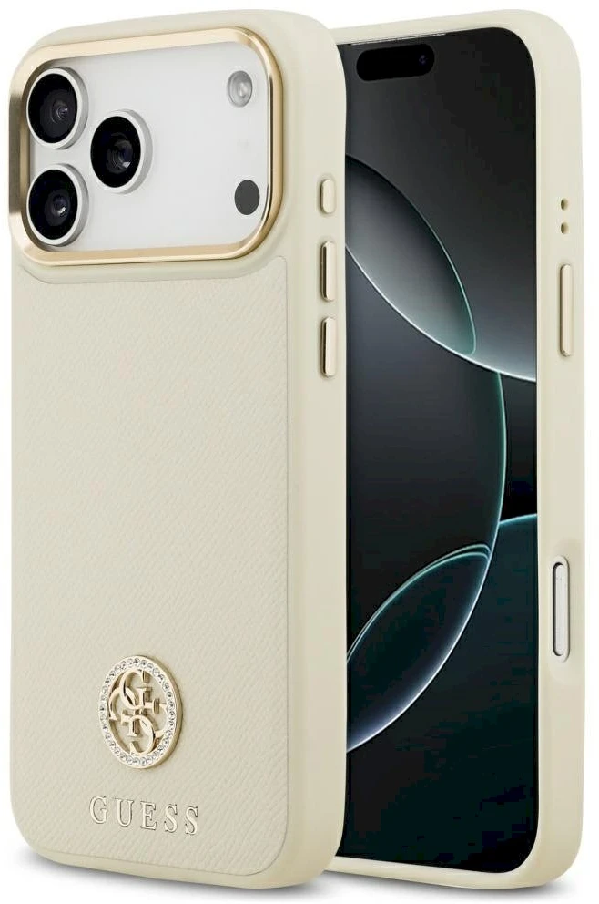 Dėklas Guess Grained Strass Logo MagSafe Apple iPhone 17 Pro Max smėlio spalvos