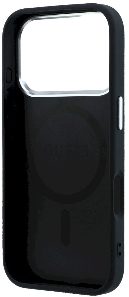 Guess Grained Triangle Logo MagSafe dėklas, skirtas iPhone 17 Pro Max / 18 Pro Max – Juoda