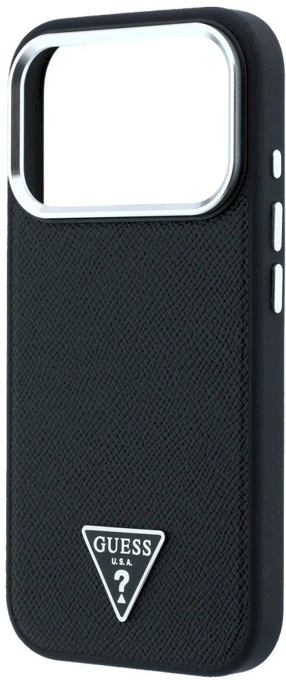 Guess Grained Triangle Logo MagSafe dėklas, skirtas iPhone 17 Pro Max / 18 Pro Max – Juoda