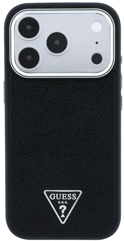 Guess Grained Triangle Logo MagSafe dėklas, skirtas iPhone 17 Pro / 18 Pro - Juodas