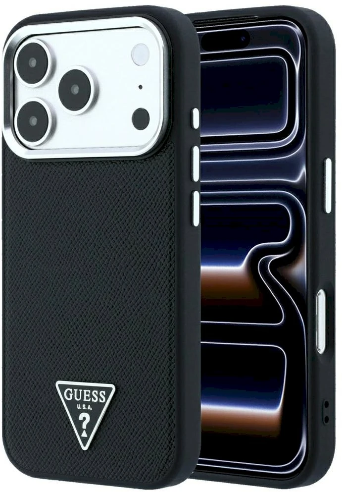 Guess Grained Triangle Logo MagSafe dėklas, skirtas iPhone 17 Pro / 18 Pro - Juodas