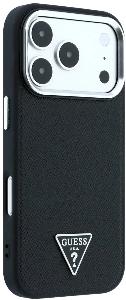Guess Grained Triangle Logo MagSafe dėklas, skirtas iPhone 17 Pro / 18 Pro - Juodas