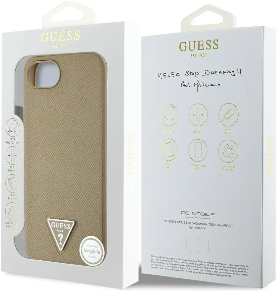 Guess Grained Triangle MagSafe dėklas iPhone 16e - ruda