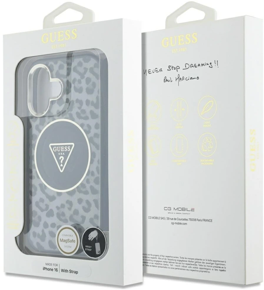 Guess HC IML Leopard Triangle Cord Strap Apple iPhone 16 MagSafe dėklas telefonui juodos spalvos