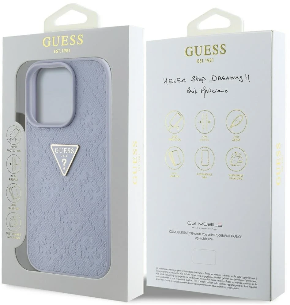 Dėklas Guess Hot Stamp 4G Pattern Triangle Metal Logo Apple iPhone 16 Pro violetinės spalvos
