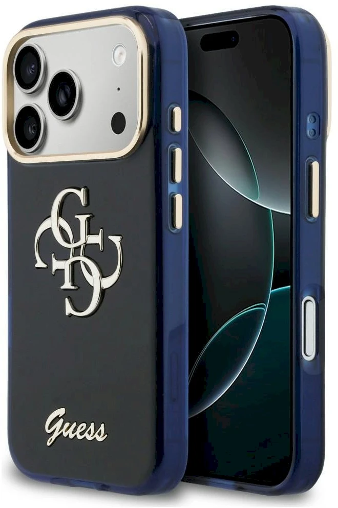 Guess IML 4G Script Metal Logo dėklas skirtas iPhone 17 Pro Mėlyna