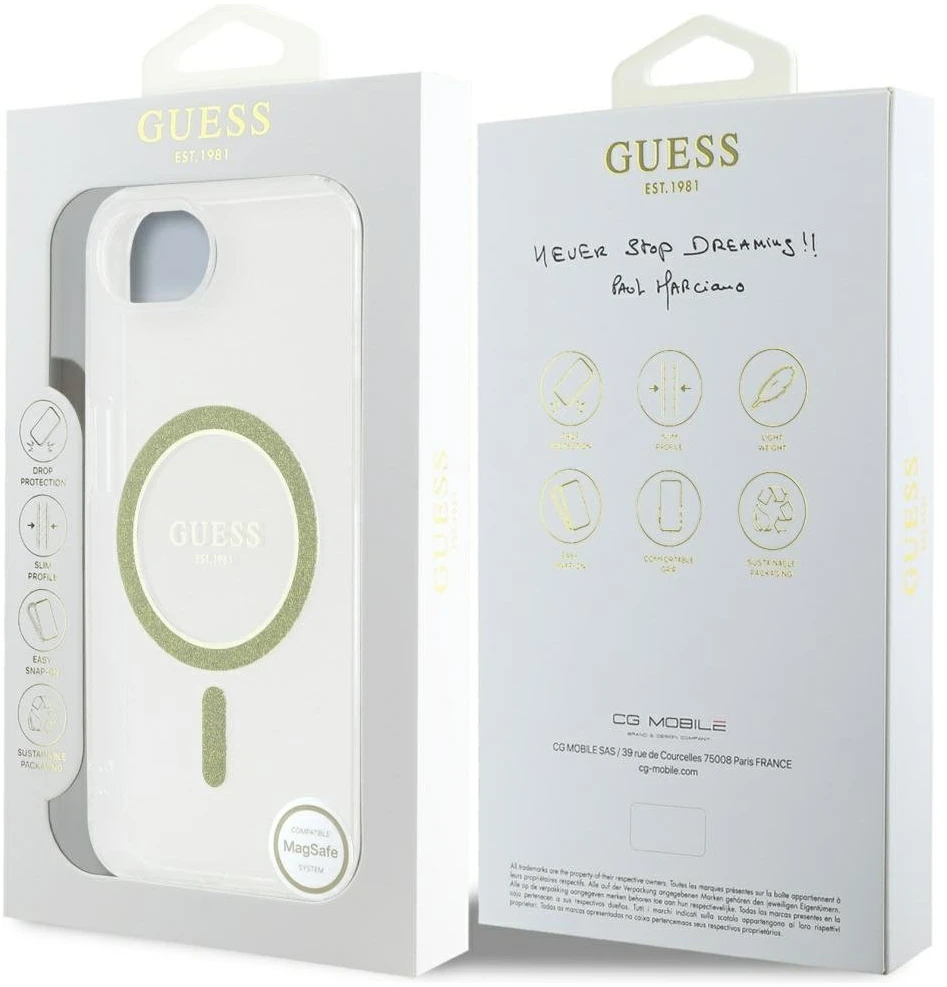 Guess IML Glitter Circle MagSafe iPhone 16e dėklas – skaidrus