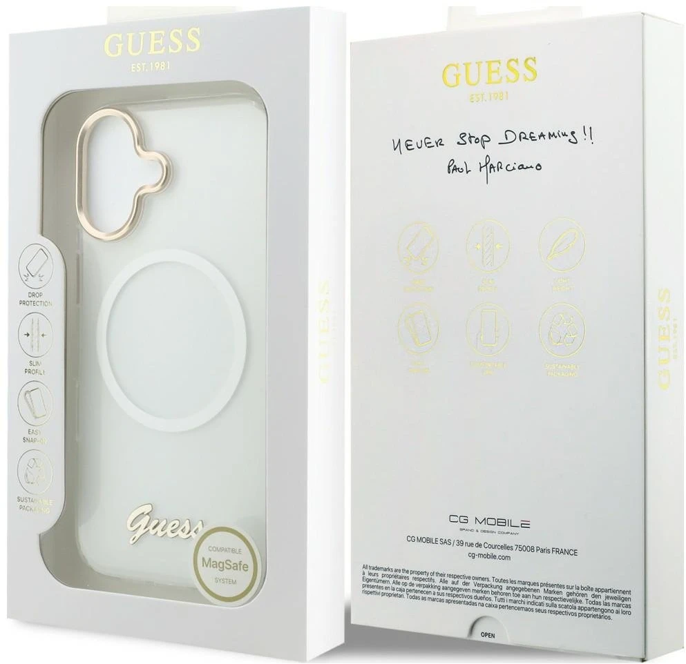 „Guess IML Gradient Script“ metalinis „MagSafe“ dėklas, skirtas „iPhone 17“ – Baltas