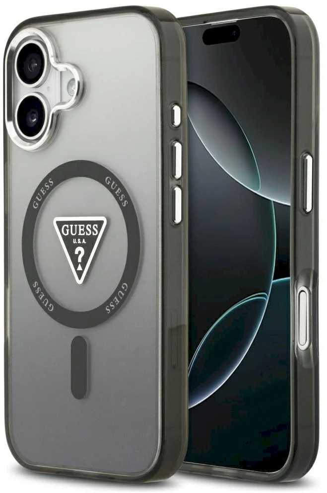 GUESS dėklas, skirtas IPHONE 17, suderinamas su MagSafe GUHMP17SHGTMLCGK (IML gradientas su trikampio logotipu), juodas