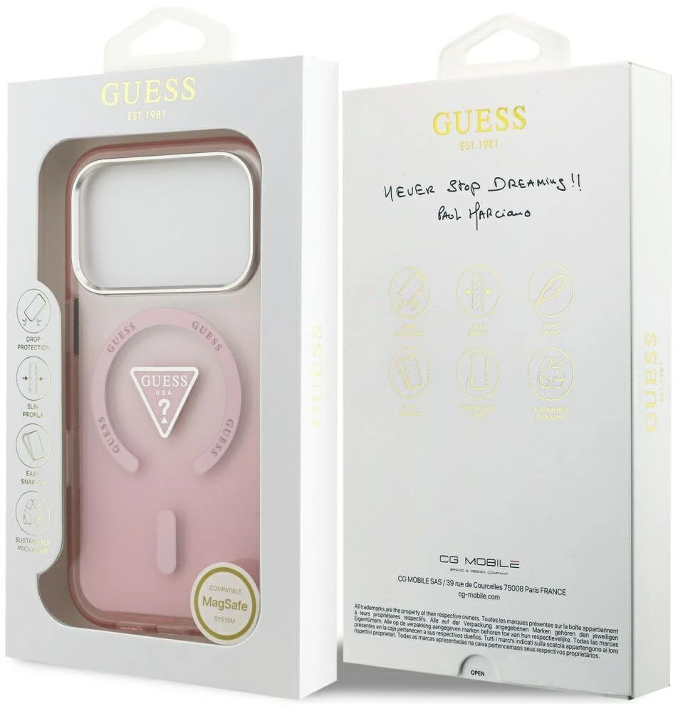 GUESS dėklas, skirtas IPHONE 17 Pro, suderinamas su MagSafe GUHMP17LHGTMLCGP (IML gradientas su trikampio logotipu), rožinis