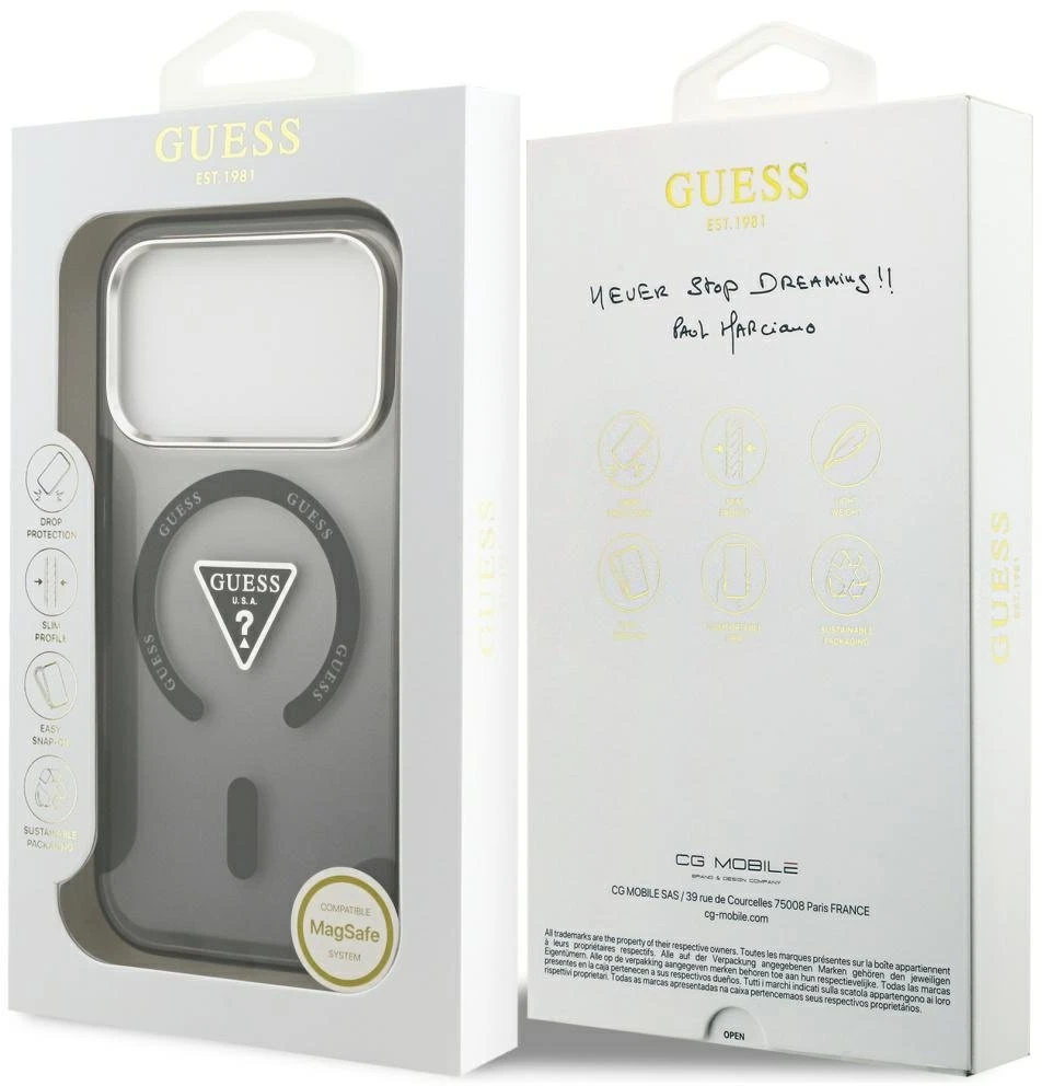 GUESS dėklas, skirtas IPHONE 17 Pro, suderinamas su MagSafe GUHMP17LHGTMLCGK (IML gradientas su trikampio logotipu), juodas
