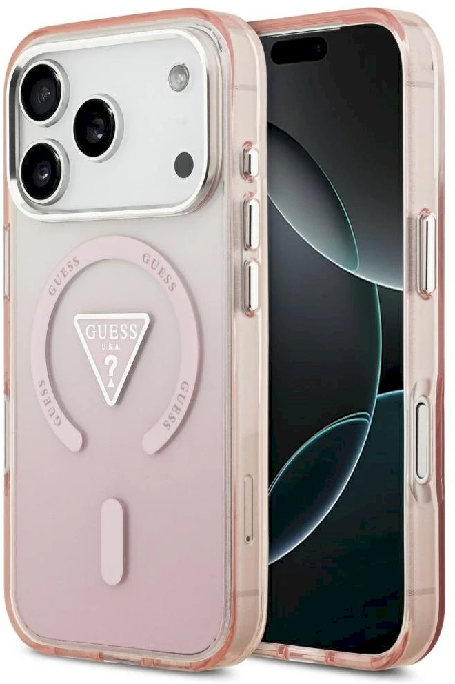 GUESS dėklas, skirtas IPHONE 17 Pro, suderinamas su MagSafe GUHMP17LHGTMLCGP (IML gradientas su trikampio logotipu), rožinis