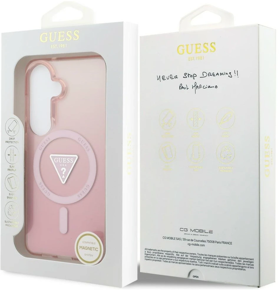Dėklas Guess IML Gradient Triangle MagSafe Samsung Galaxy S26 rožinės spalvos