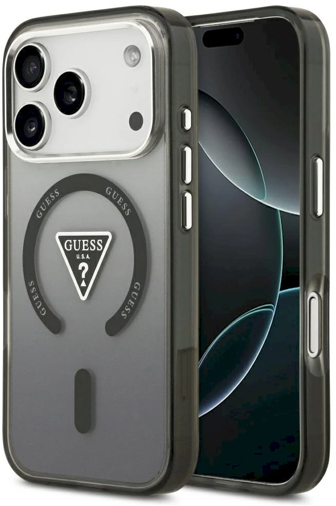 GUESS dėklas, skirtas IPHONE 17 Pro, suderinamas su MagSafe GUHMP17LHGTMLCGK (IML gradientas su trikampio logotipu), juodas