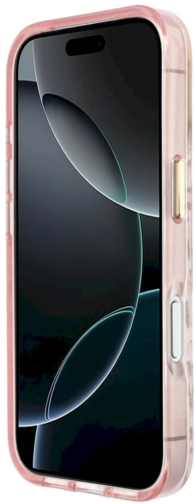 Dėklas Guess IML Leopard Glitter Triangle Logo MagSafe Case for iPhone 17 Pro Max / 18 Pro Max - Rožinė