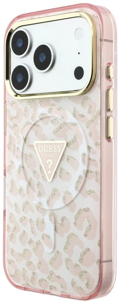 Dėklas Guess IML Leopard Glitter Triangle Logo MagSafe Case for iPhone 17 Pro Max / 18 Pro Max - Rožinė