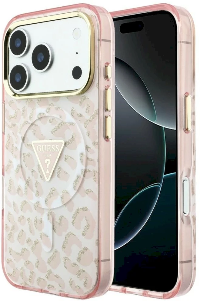 Dėklas Guess IML Leopard Glitter Triangle Logo MagSafe Case for iPhone 17 Pro Max / 18 Pro Max - Rožinė