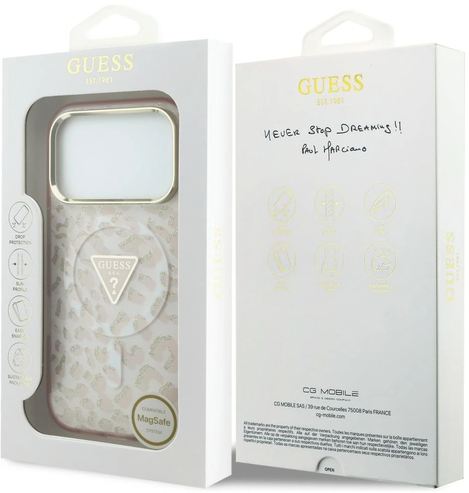 Dėklas Guess IML Leopard Glitter Triangle Logo MagSafe Case for iPhone 17 Pro Max / 18 Pro Max - Rožinė