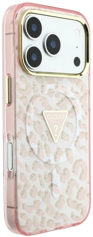 Dėklas Guess IML Leopard Glitter Triangle Logo MagSafe Case for iPhone 17 Pro Max / 18 Pro Max - Rožinė