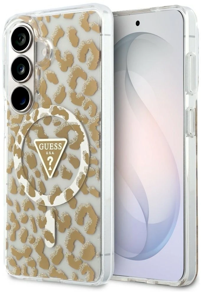 Dėklas Guess IML Leopard Print Triangle MagSafe Samsung Galaxy S26 rudos spalvos